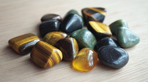 Sammlung von Tigerauge-Steinen in verschiedenen Farben