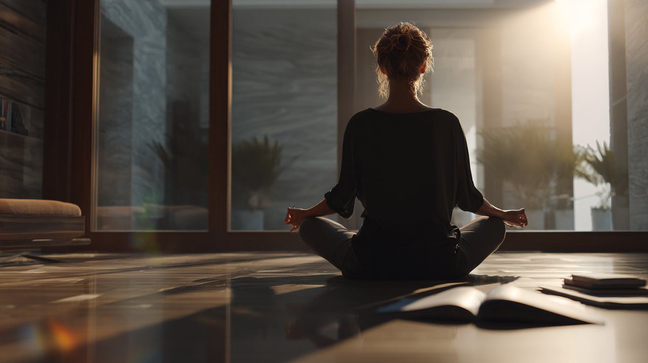 Una mujer logrando equilibrio interior y autoconciencia.