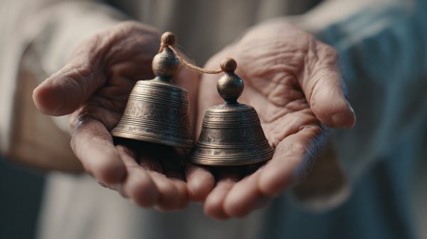 Hands gently holding and striking tingsha bells