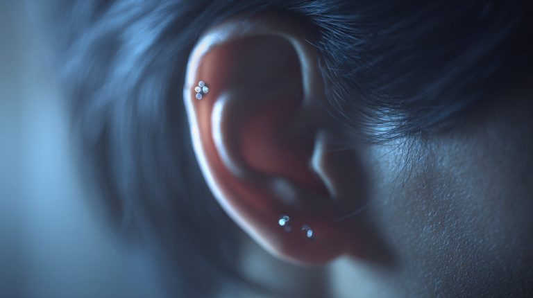 An artistic close-up of an elegantly adorned ear.