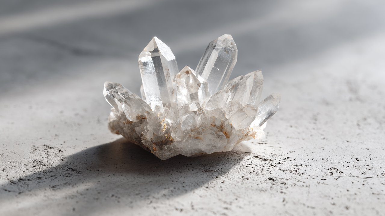 Um cristal de quartzo transparente cintilante em um fundo pacífico