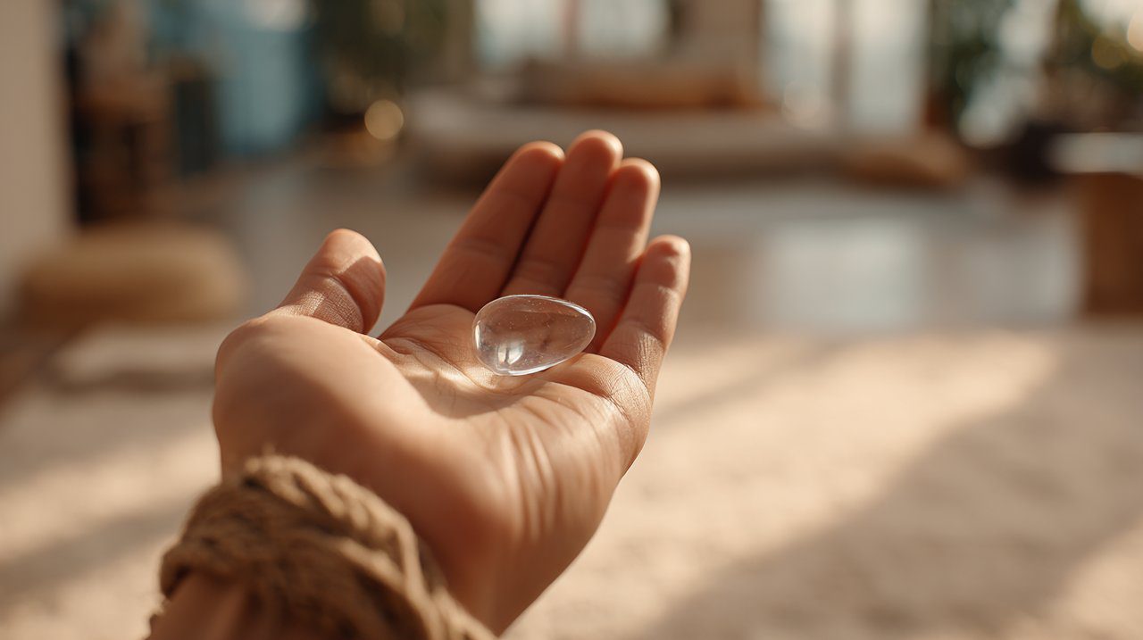 Uma mão segurando um cristal de quartzo transparente durante a meditação