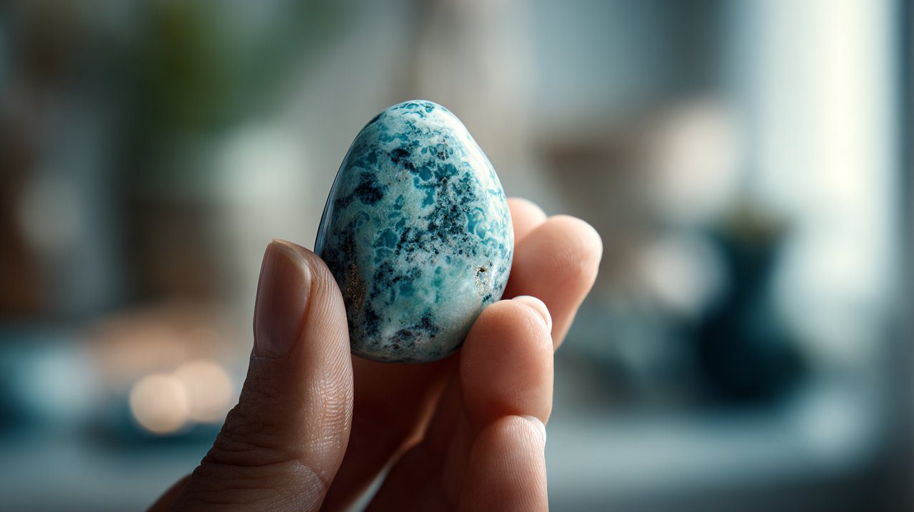 A hand holding a polished Turquoise Agate