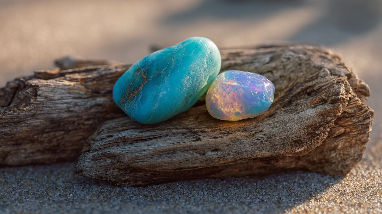 Turquoise and opal gemstones side by side