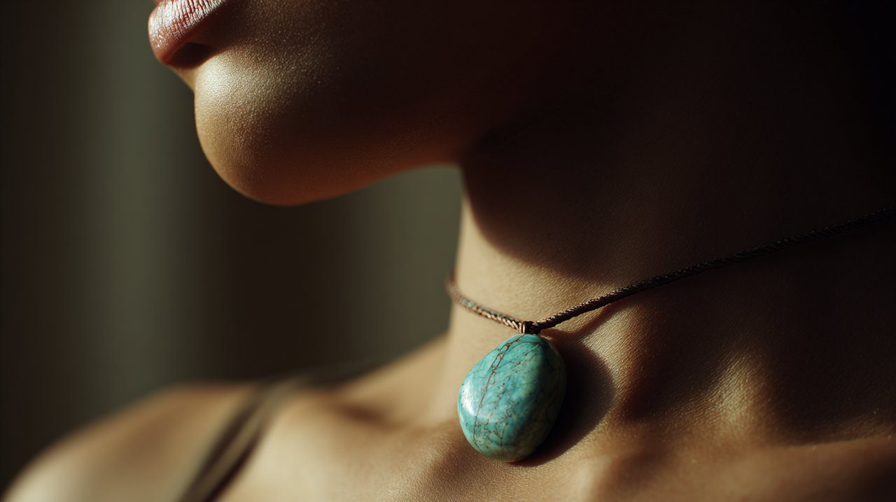 A small, polished turquoise stone resting on a throat, symbolizing communication and healing.