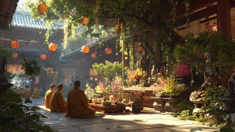 Buddhist practitioners making offerings during Ullambana.