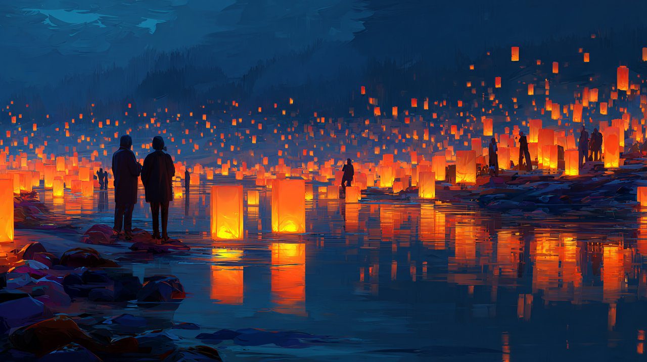 Floating lanterns on water during Ullambana.