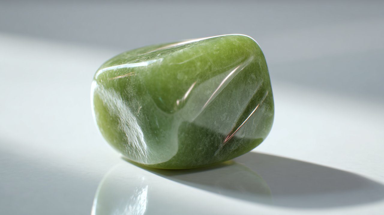 Close-up de uma peça genuína de jade exibindo translucidez e brilho.
