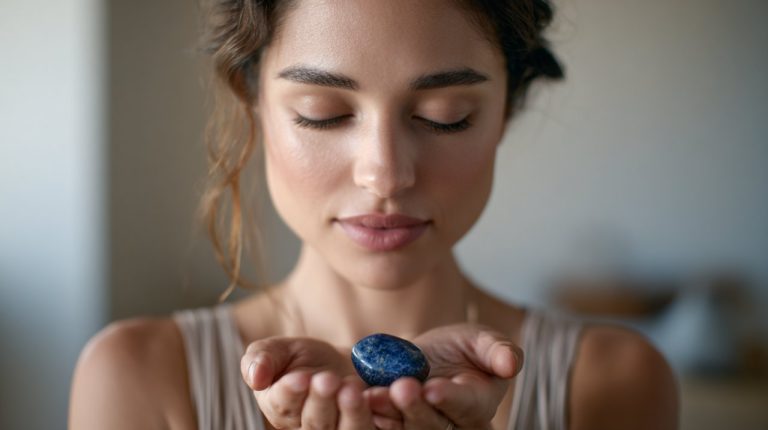 A woman holding a sapphire, symbolizing inner peace.