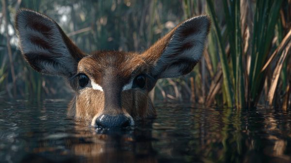 Un antílope sitatunga sumergido en el agua con solo sus fosas nasales visibles