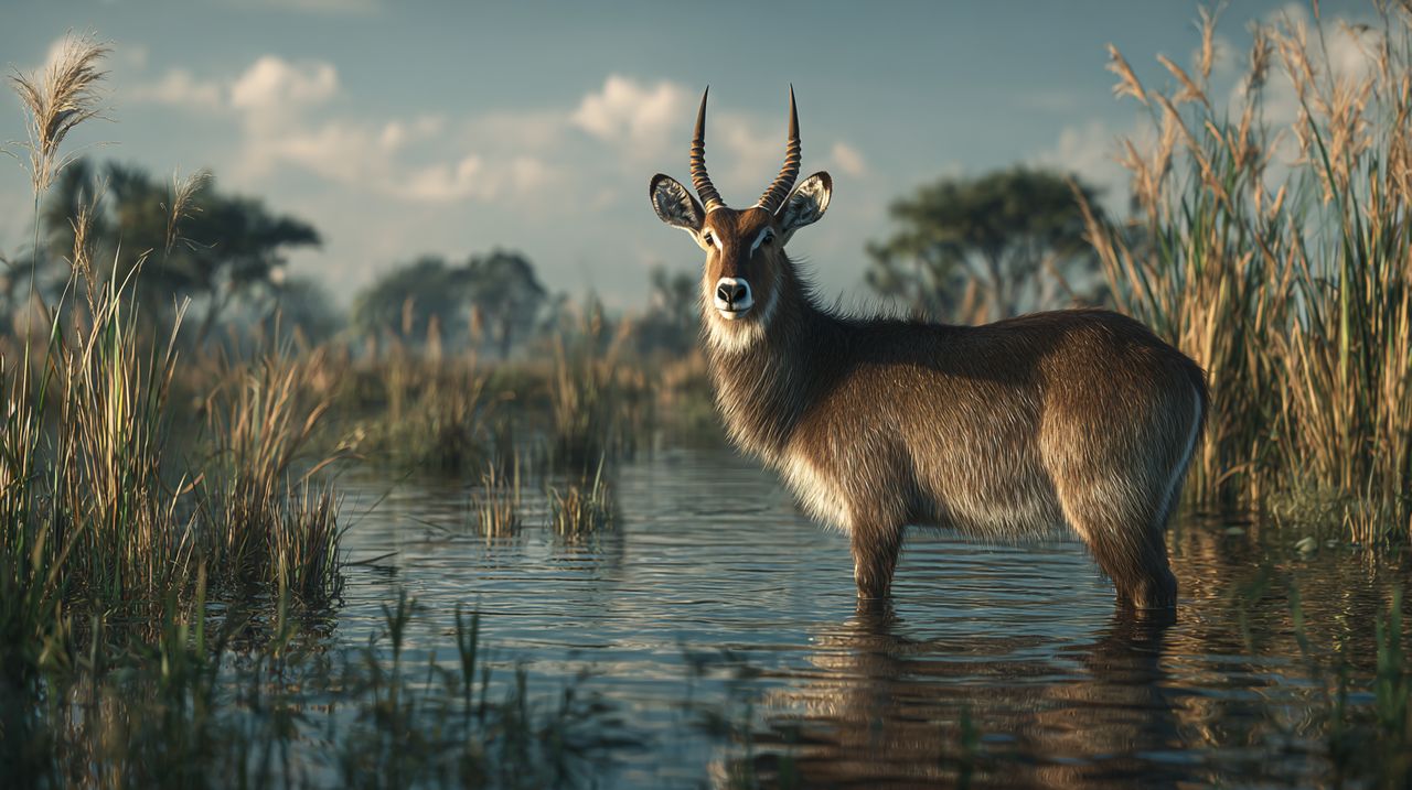 A Waterbuck standing in a lush African wetland
