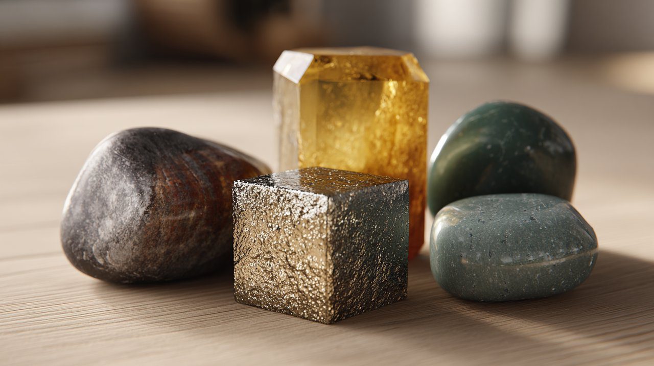 Collection of prosperity stones: Citrine, Pyrite, Green Aventurine