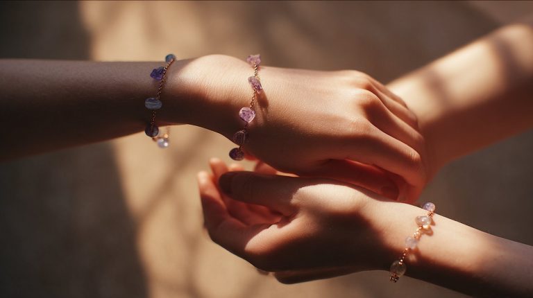 A pair of hands wearing crystal bracelets, illustrating energy flow