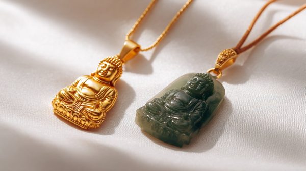 Exhibición lado a lado de un collar de Buda de oro y un collar de Buda de jade.