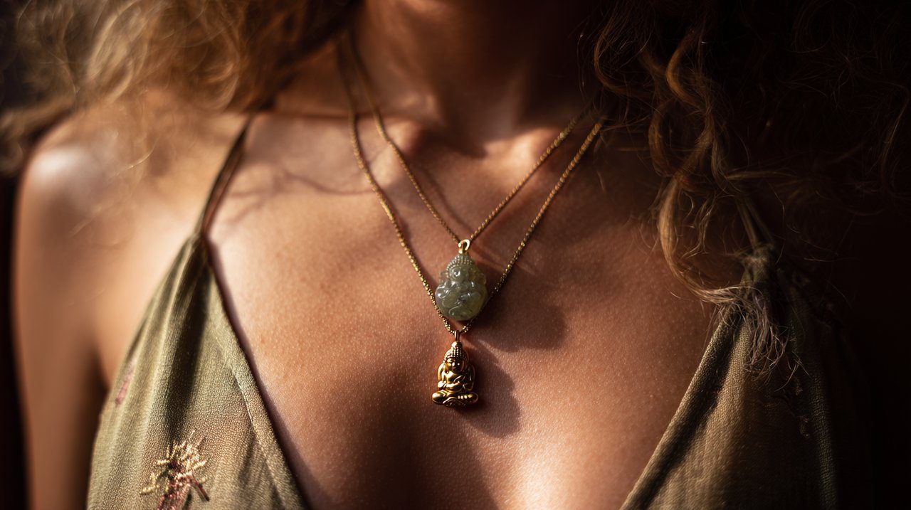 A person wearing two Buddha necklaces, one gold and one jade, with a serene expression.