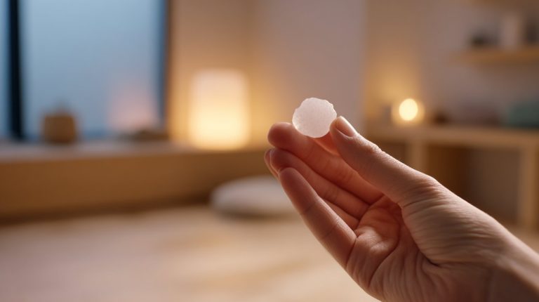 A hand holding a small white quartz crystal during meditation.