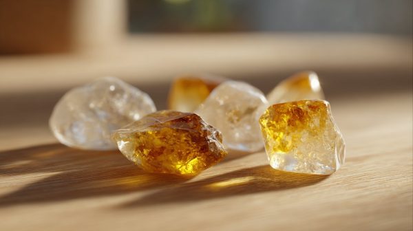 Kristal putih dan kuning disusun untuk keseimbangan energi.