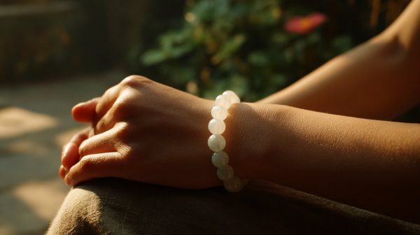 Una mano con un brazalete de jade blanco en una pose meditativa