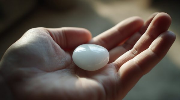 A hand gently holding a small white jade stone.