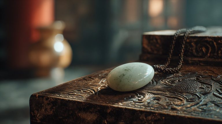 A small white jade pendant on an ancient wooden surface.