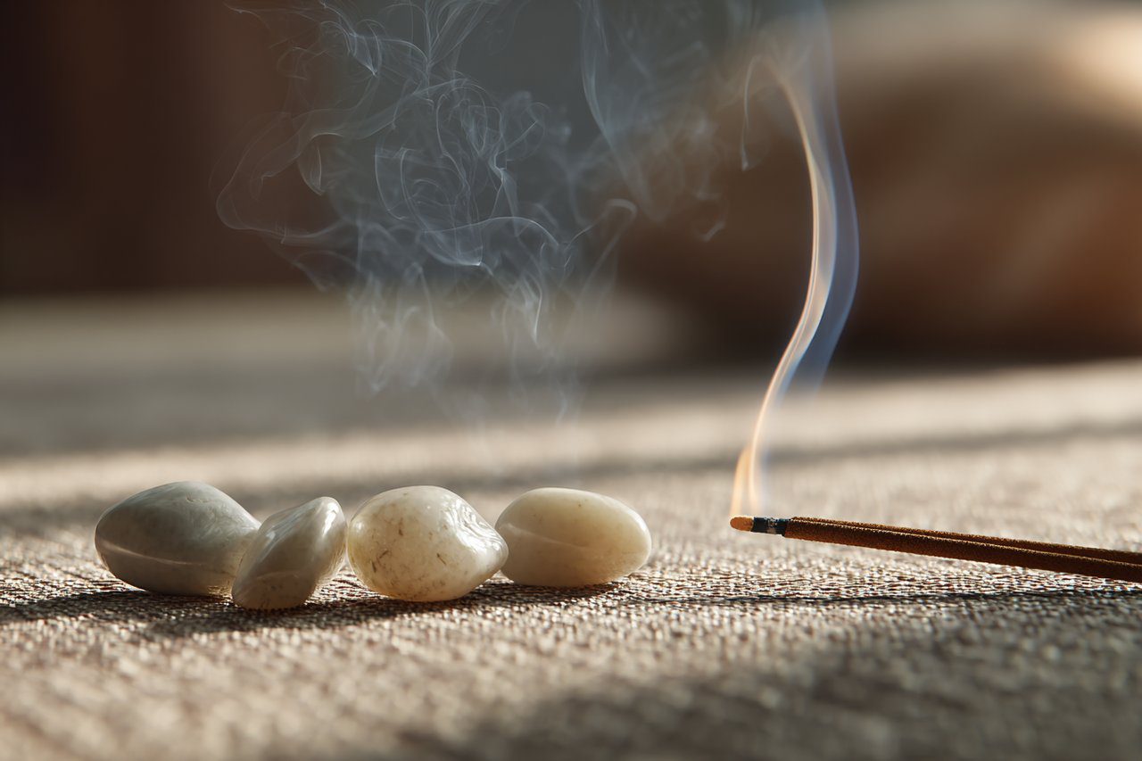 Pedras de jade branco usadas em meditação com incenso