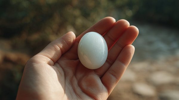 Una mano sosteniendo una piedra de palma de jadeíta blanca