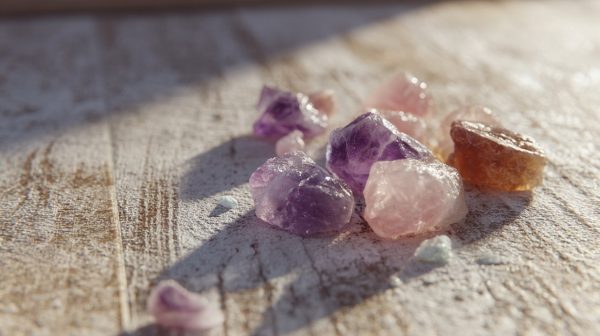 Pequeñas piedras naturales de cuarzo rosa y amatista para el equilibrio energético.