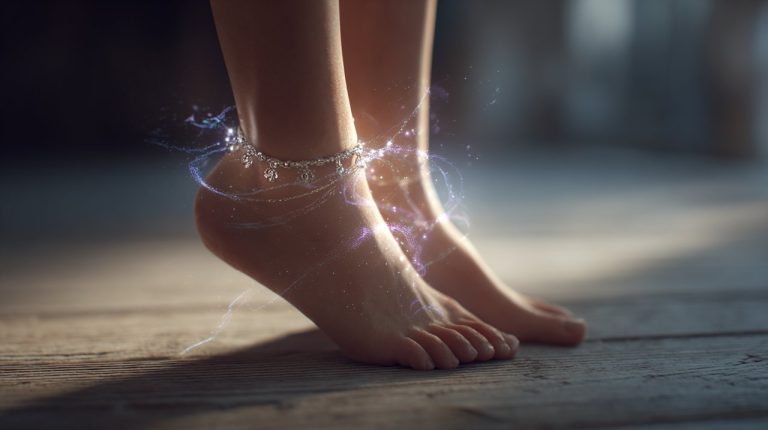 A delicate ankle bracelet on a woman's ankle, symbolizing energy and connection.