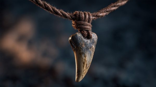 Un impactante collar de colmillo de lobo con detalles intrincados.