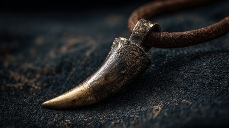 A detailed close-up of a wolf tooth necklace, emphasizing its raw, natural power.