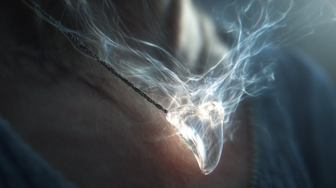 Aura energética sutil emanando de un collar de diente de lobo, ilustrando su interacción con un campo de energía humano.