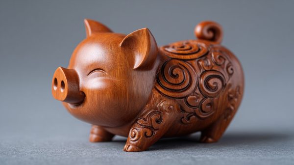 Eine detaillierte Holzschwein-Figur, die das Sternzeichen Holz-Schwein symbolisiert