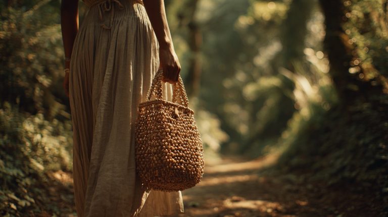 A stylish woman carrying a wooden bead handbag in a natural setting.