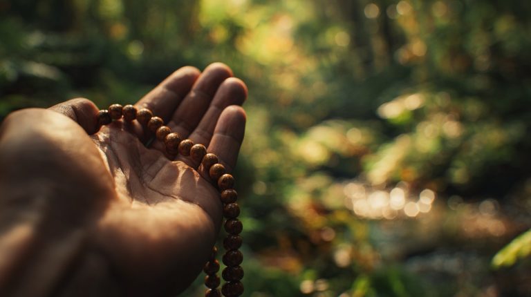 A hand gently holding wooden prayer beads