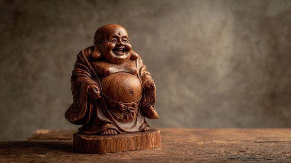 A beautifully carved wooden Laughing Buddha statuette