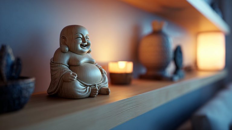 A serene wooden Laughing Buddha statue in a peaceful home setting.