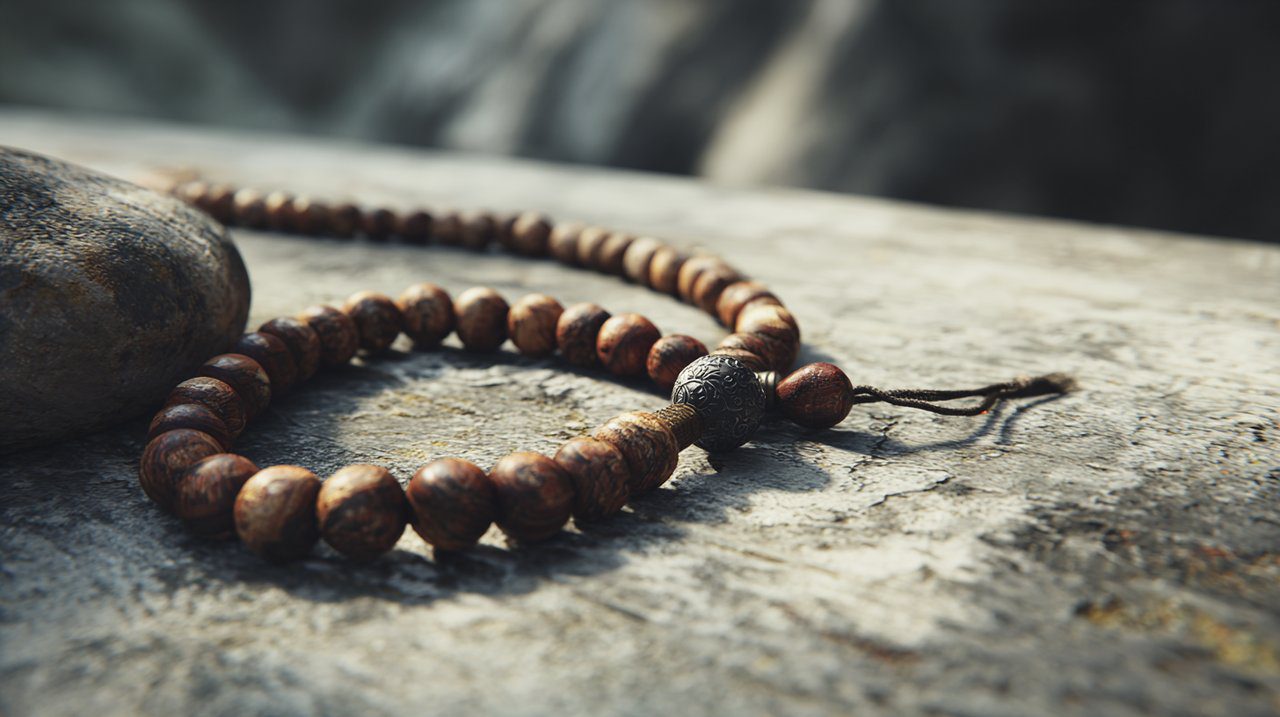 Serene wooden prayer beads on a natural surface