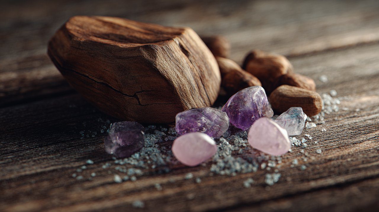 Various small mala beads including sandalwood, amethyst, and rose quartz.