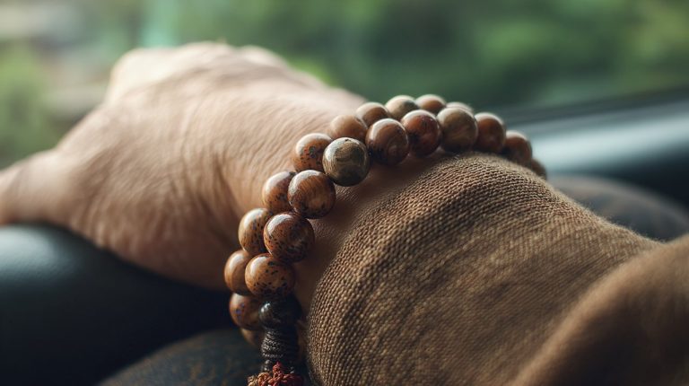 A wrist mala on a person's wrist during meditation.
