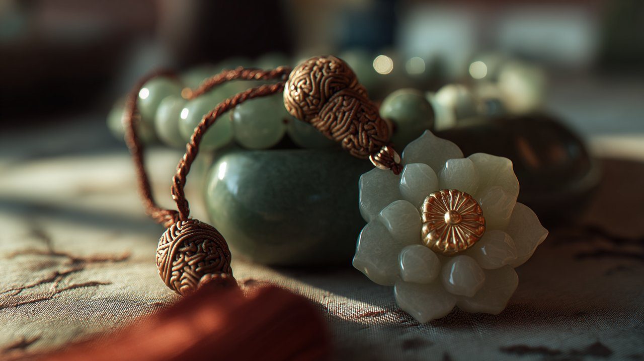 Close-up de elementos do Colar Xiu Xiu, incluindo jade e motivo de lótus.
