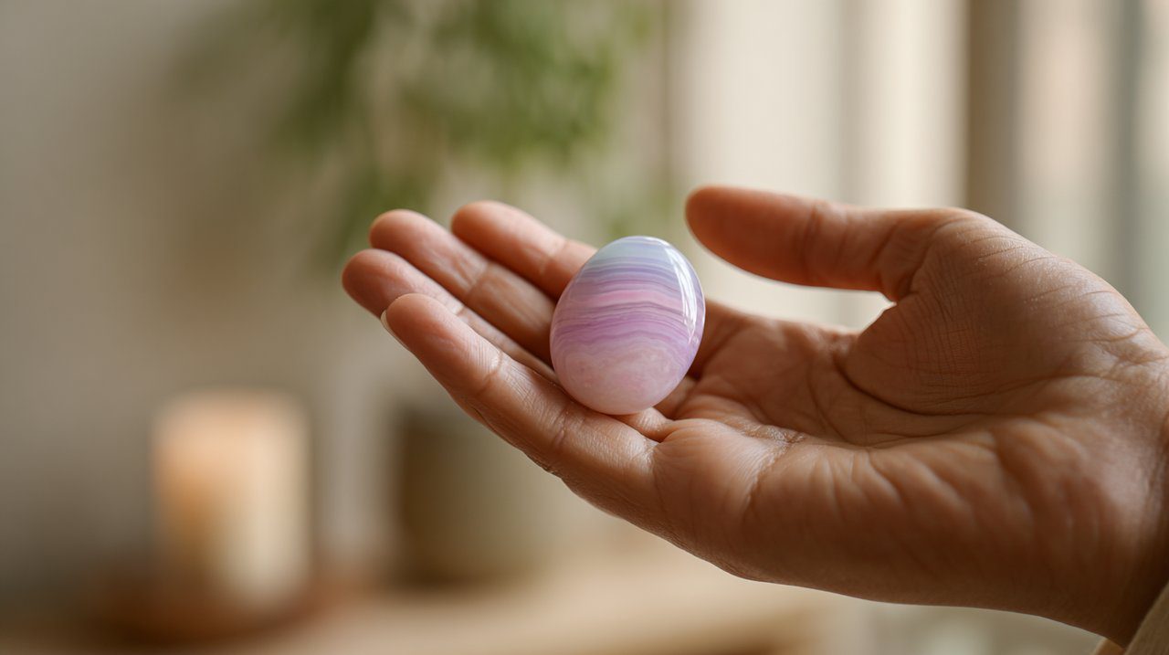 A hand holding a Yanyuan Agate stone during meditation
