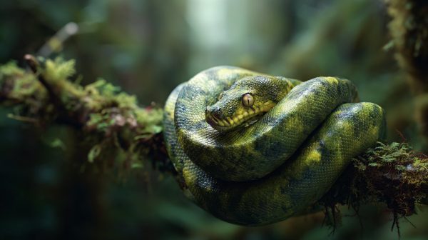 A majestic green tree python embodying wisdom in a forest.