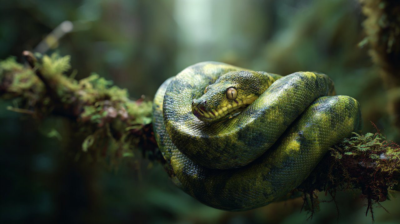 A majestic green tree python embodying wisdom in a forest.