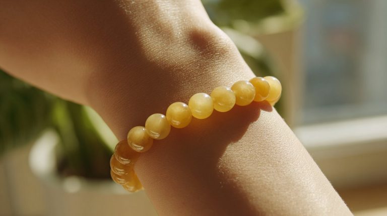 A yellow agate bracelet on a wrist