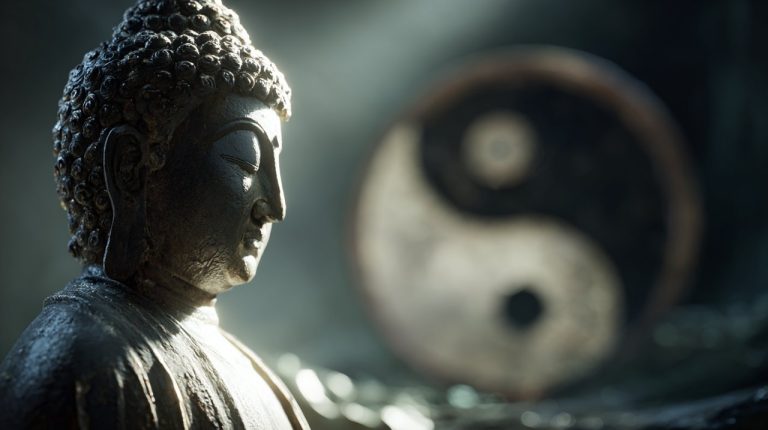 A serene Buddha figure integrated with a Yin Yang symbol.