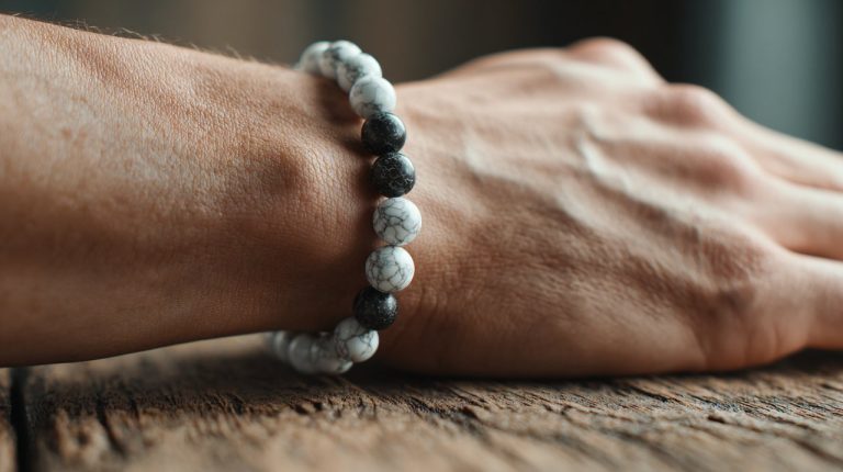 Subtle yin and yang bracelet on a wrist.