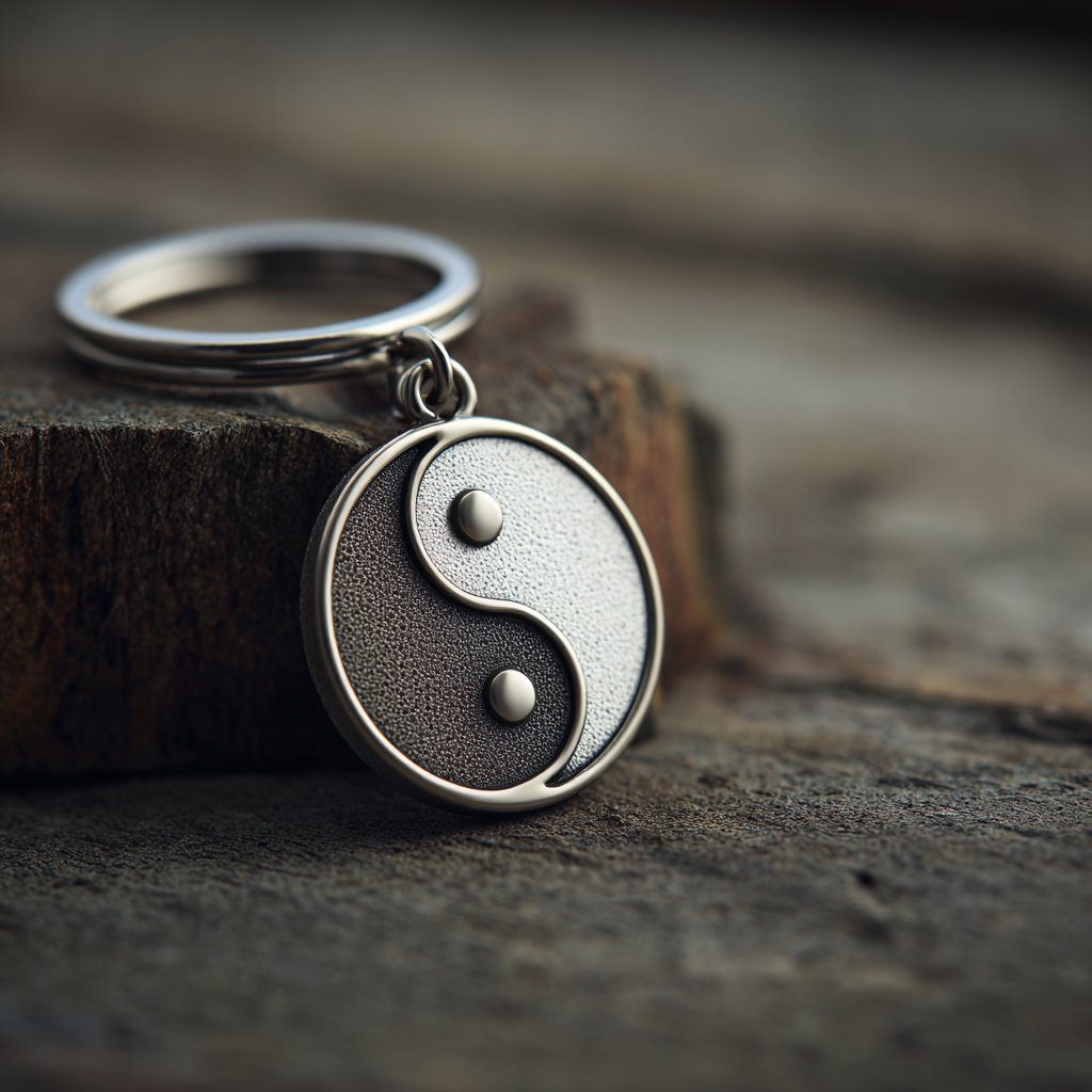Close-up de um chaveiro Yin Yang bem trabalhado