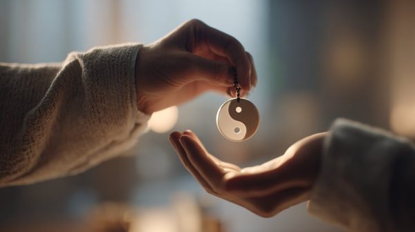 Hands gently holding a yin and yang pendant