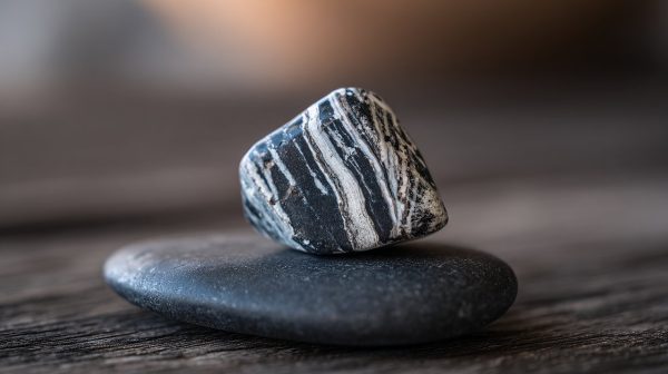 Una pequeña piedra de Jaspe Cebra natural en bruto con rayas blancas y negras.