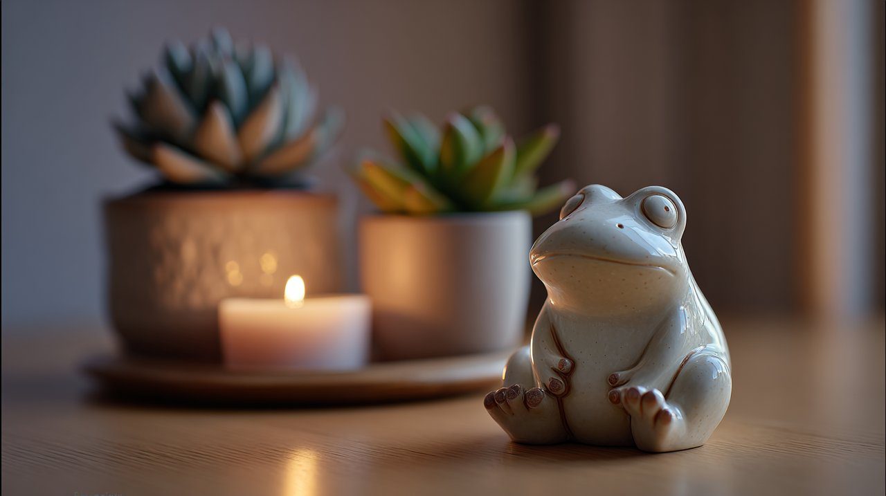 Pequena estatueta de sapo zen numa secretária